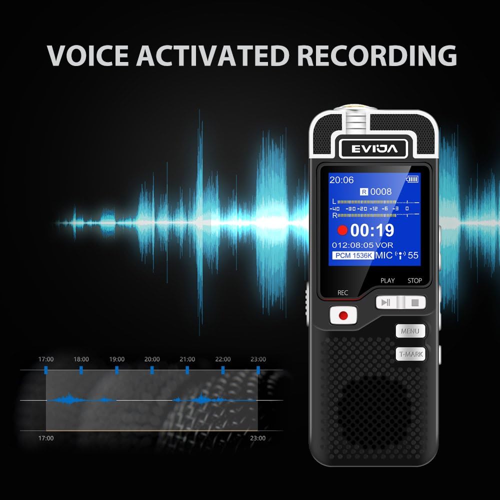 EVIDA EV-62 Digital Voice Recorder screen showing VOR mode active with sound waves