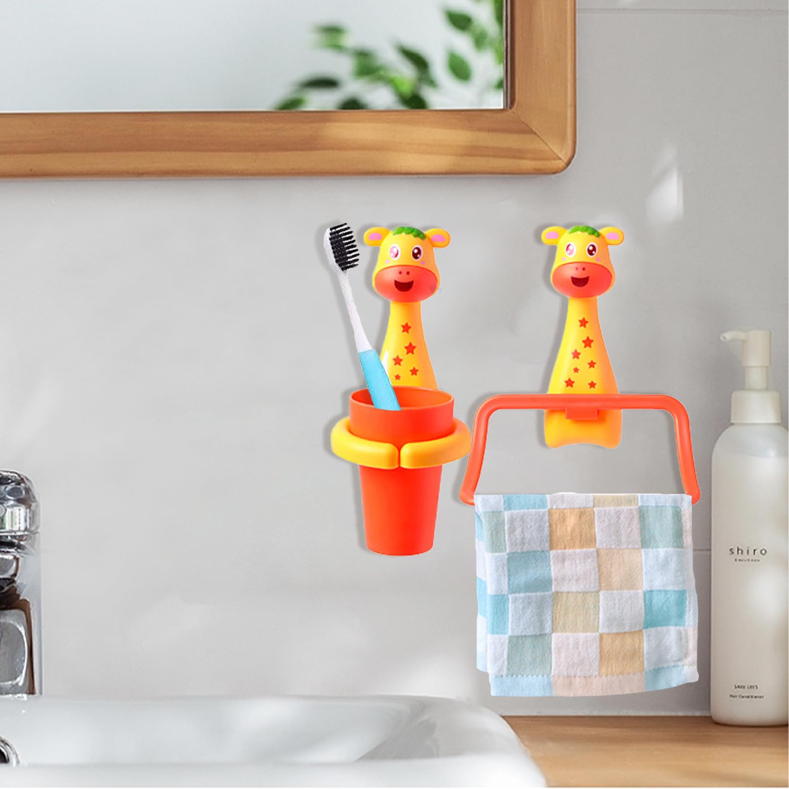 Jauhmui Set di portasciugamani per bambini, design con animali dei cartoni animati, supporto per spazzolino da denti senza forare, pulitore per neonati (giraffa)