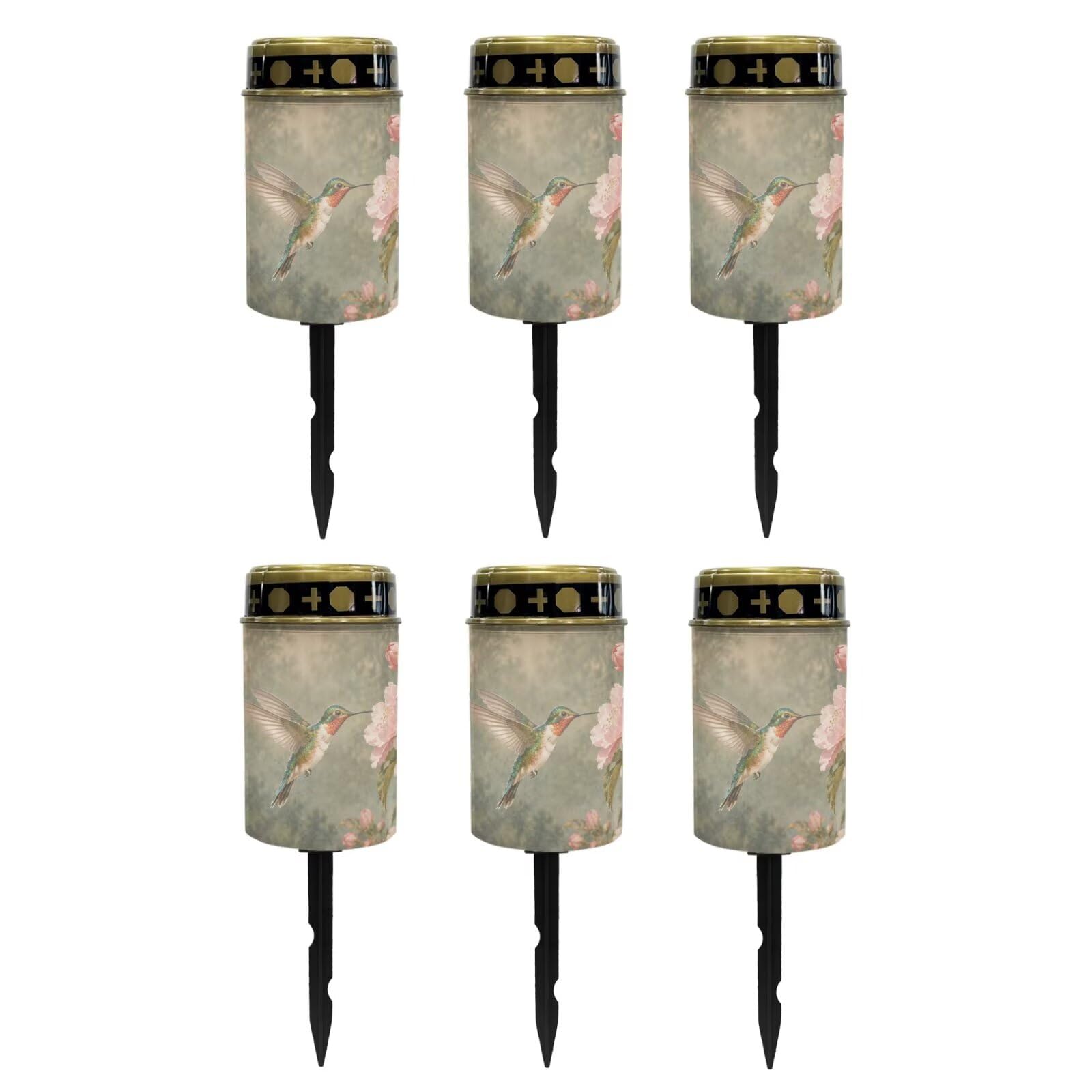 Poceacles Solar Lights Outdoor Solar Powered Cemetery Stake Lights Grave Lamp Landscape Lighting Waterproof Grave Flameless Candles, Vintage Floral Hummingbird Green, 6 Piece