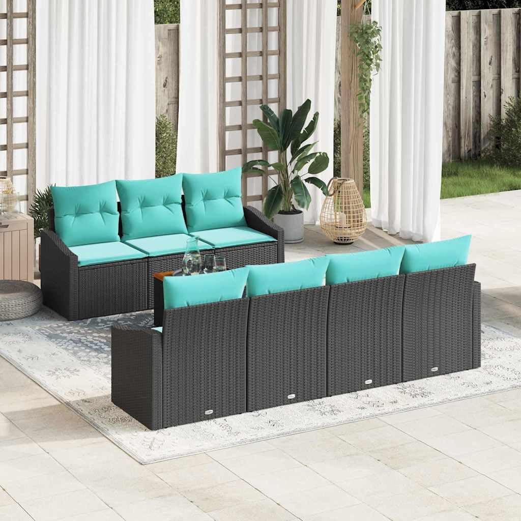 Salon de Jardin Modulable en Polyrotin Noir 8 Pièces avec Table en Acacia et Coussins - Ensemble de Canapé Extérieur pour Terrasse et Balcon - Capacité 7 Personnes - Noir