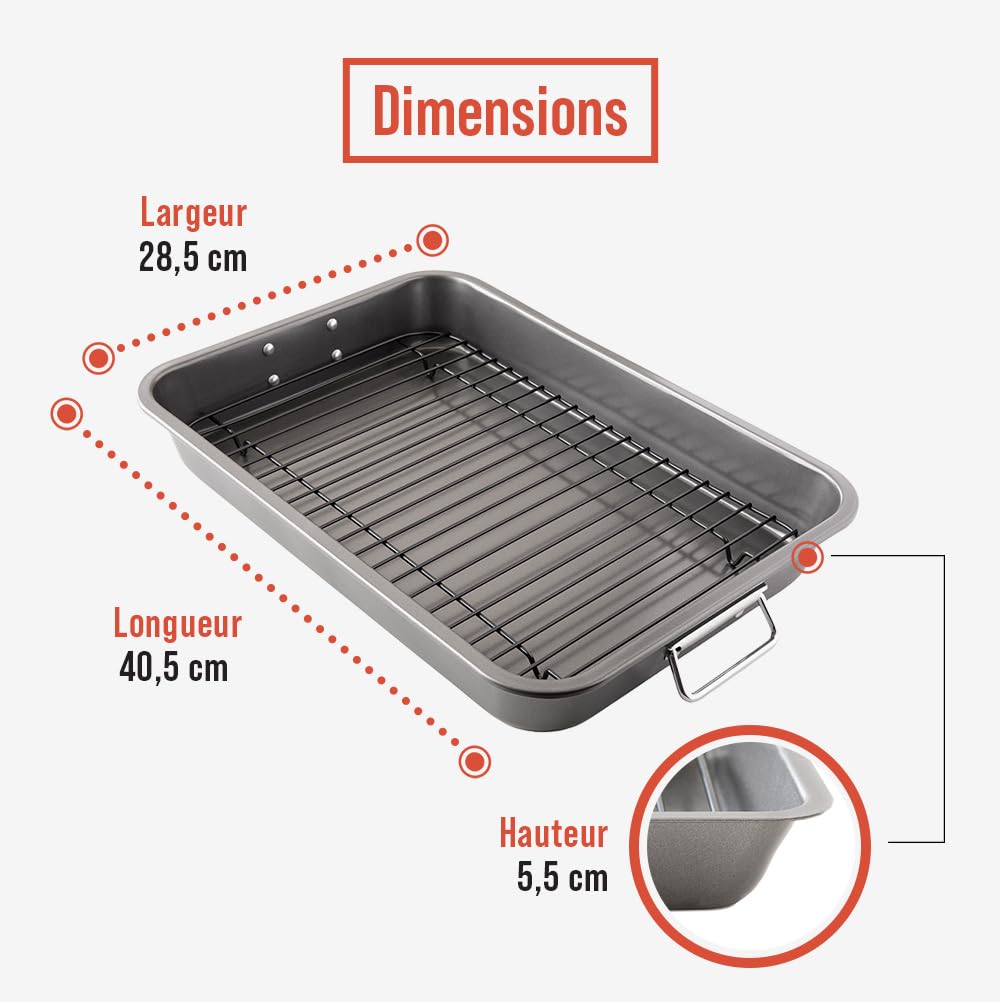 Chef Pomodoro – Grand Plat Four Antiadhésif avec Grille Four | Plaque Cuisson Four Rectangulaire avec Plateau, Plaque, Plat à Gratin, Lasagne – Acier Résistant – (41 x 29 cm)