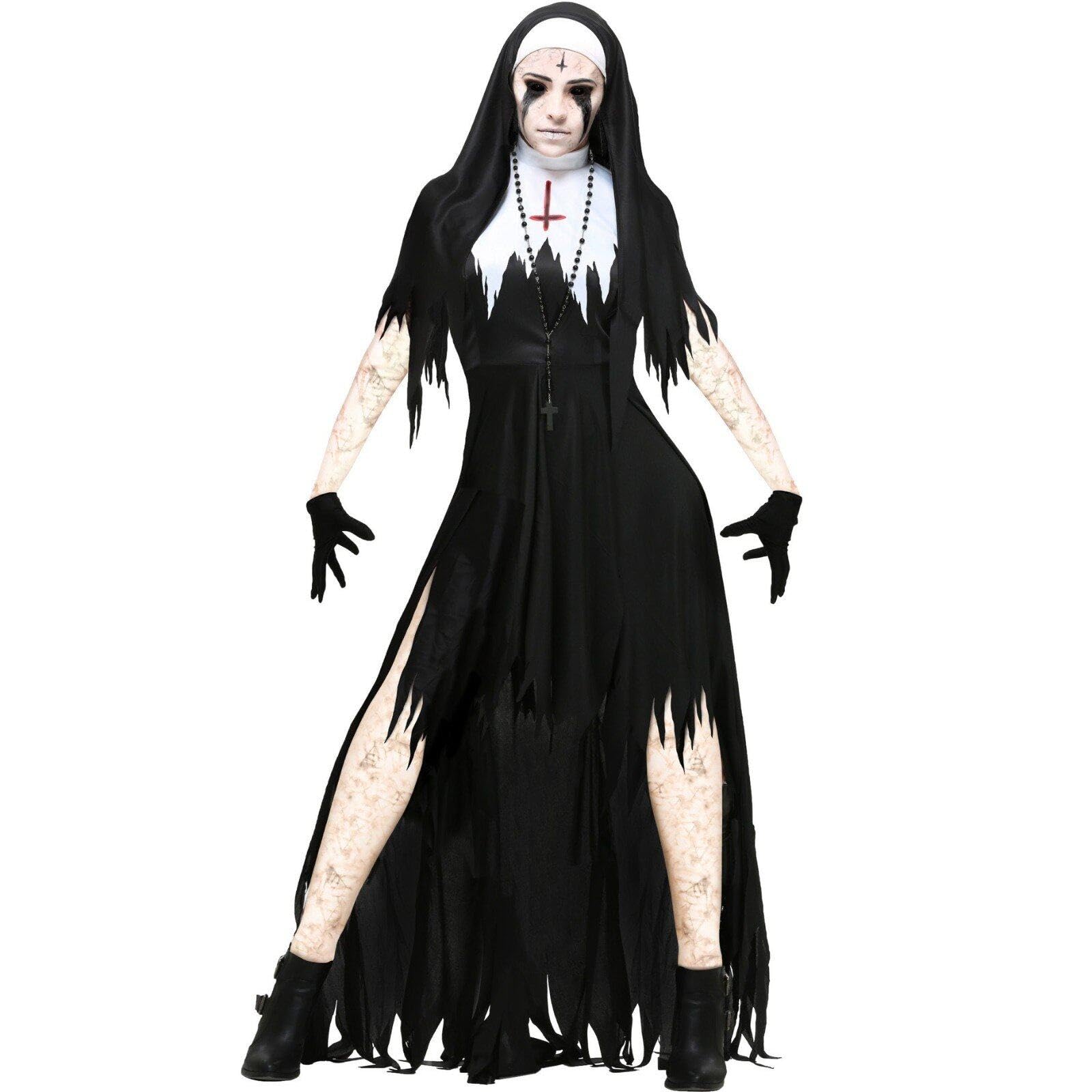 Disfraz de monja para Halloween de terror con vestido negro largo