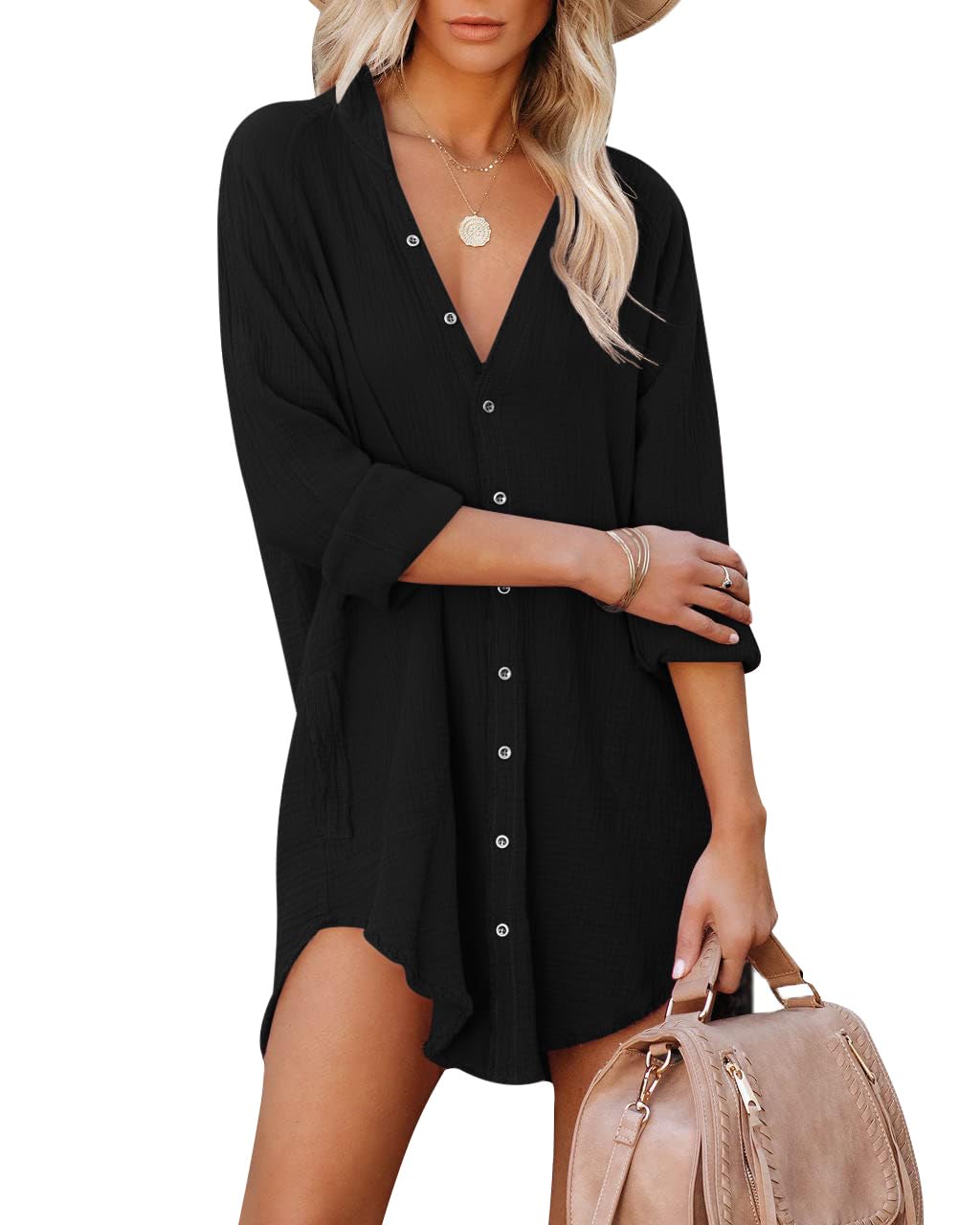 Paintcolors Damen-Tunika-Kleider mit Langen Ärmeln, Baumwolle, mit Taschen, einfarbig, übergroße Hemden, Bluse, Tops