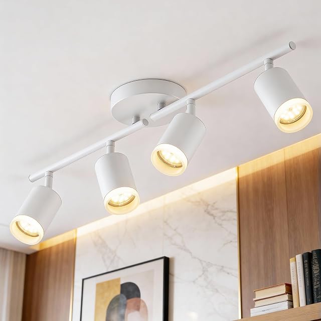 Bojim LED Track Lighting Close to Ceiling for Kitchen, White Tracking Light Fixture for Living Room, Flexibly 4 Lights Head Adjustable Arms Spotlight for Studio, GU10 Socket, Bulbs Not Included