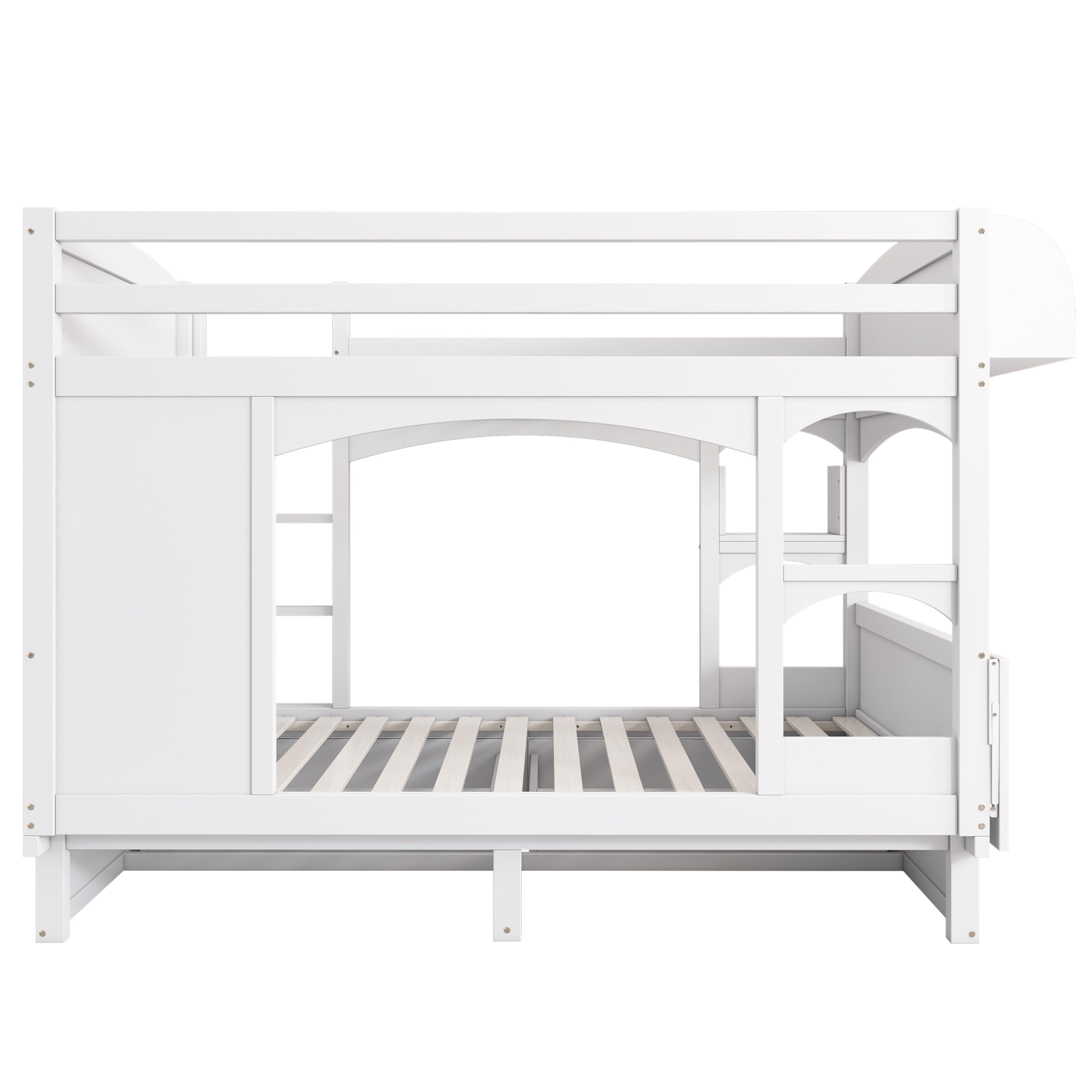 Kinderbett Etagenbett 90x200, Hochbett für 2 Kinder, Hausbett mit 2 Schubladen&klappbarem Schreibtisch&Regal&Leiter, Doppelbett Holzbett mit Lattenrost&Rausfallschutz, Massivholz, Ohne Matratze, Weiß