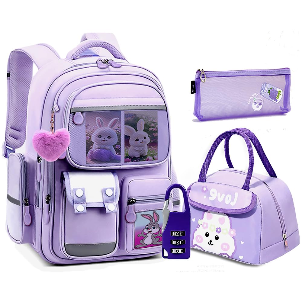 Lightweight School Backpack Purple Bookbag Elementary Middle School Kindergarten Waterproof Mochila Para Niñas Set With Lunch Box And Pencil Pouch
