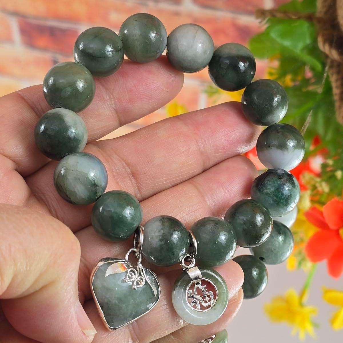 Premium Natural Green Jade Bracelet 13.7mm Beads – Handmade Elastic Rope 6.5” with Heart & Lucky Coin Charms – Healing Crystal for Wealth, Health, Love & Protection – Unisex Gift Pouch Ready - Image 9