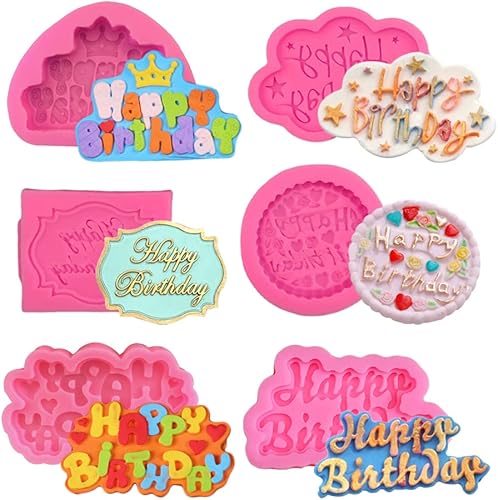 6 moldes de silicona de feliz cumpleaños moldes de pastel de fondant moldes de chocolate para hacer dulces manualidades herramientas de decoración