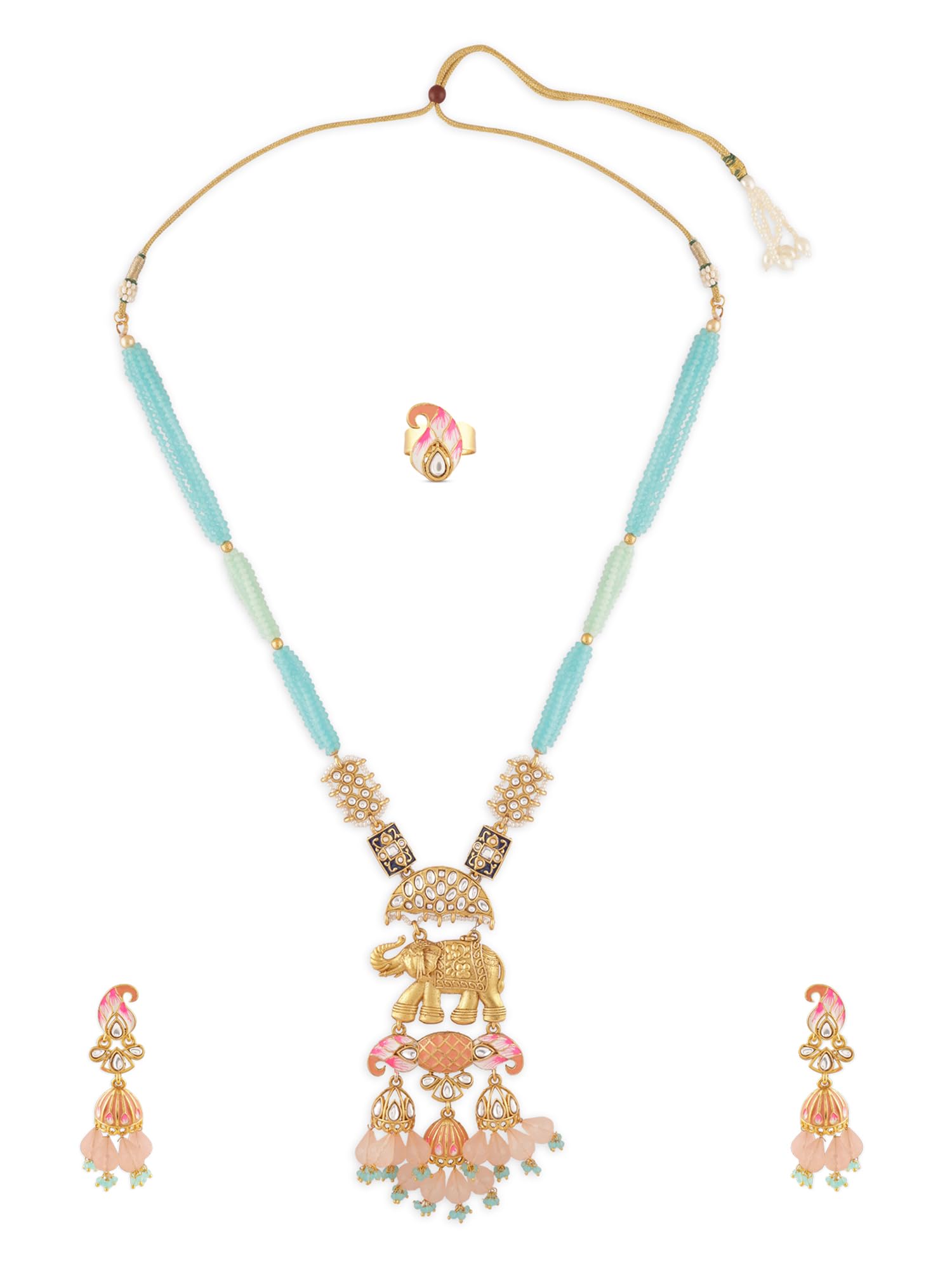Multicolor Meenakari Elephant Design Crystals Beaded Long Necklace Earring & Ring Set For Women-ZPFK17137