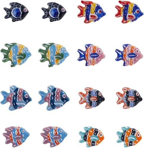 DICOSMETIC 8 colores, 16 cuentas de cerámica de pescado, cuentas espaciadoras de peces de porcelana, cuentas de animales del océano, cuentas sueltas