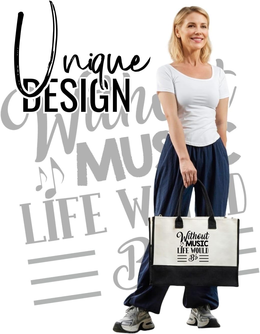 InnoBeta Music Gifts for Women, Canvas Tote Bag with Top Zipper Closure, Cool Music Gifts for Musician, Musical Lover or Teacher on Christmas, Birthday - Bb - Image 2