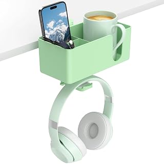 KDD 4 in 1 Desk Cup Holder - Clamp on Under Desk Headphone Hanger - Rotating Headphone Stand Detachable Pen Cup Holder Storage for Cup, Phone and Pen(Green) - Amazon product rated Grade A