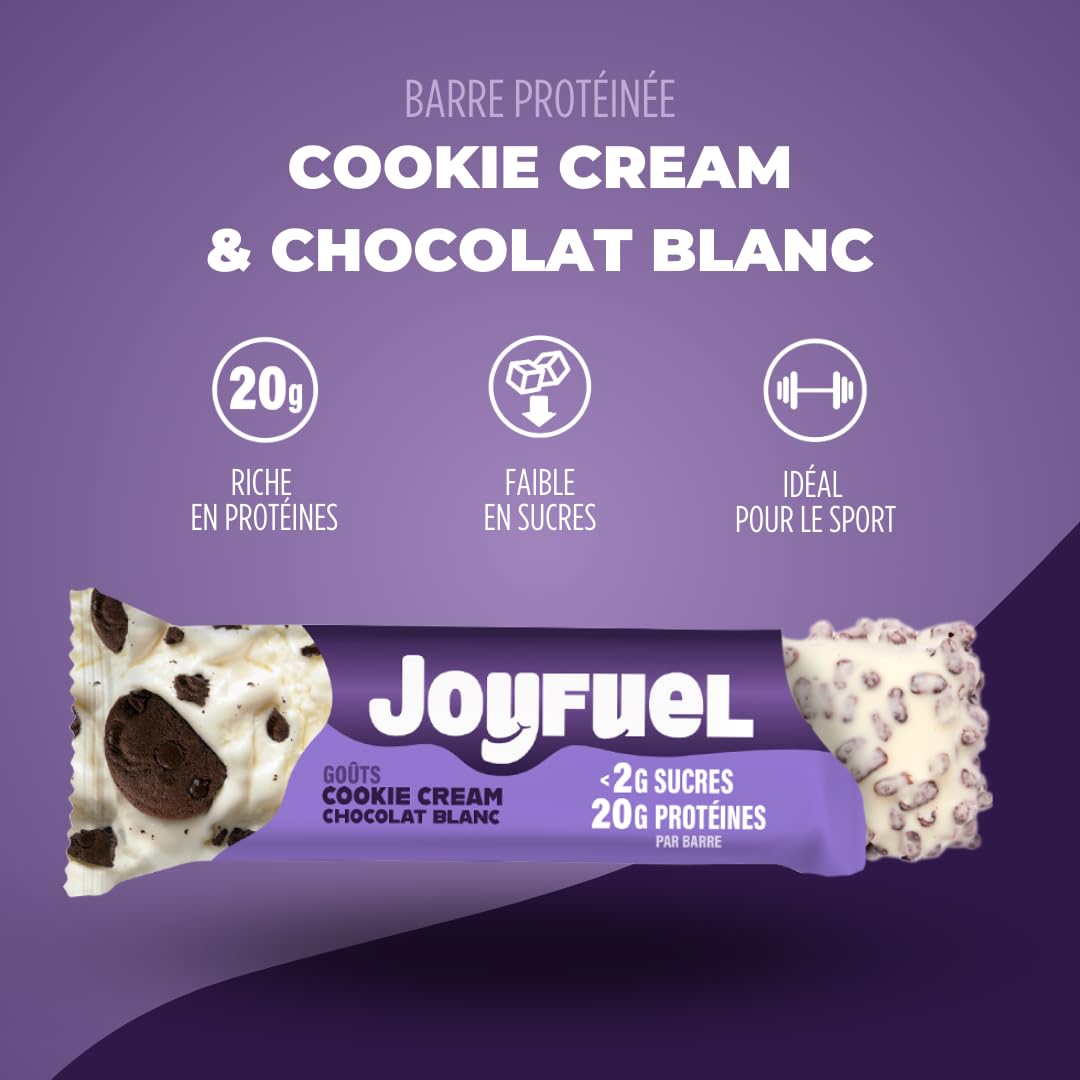 JOYFUEL Barrette proteiche – Gusto cioccolato bianco & Cookie & Cream – < 2 g di zucchero – 20 g di proteine – Scatola da 12 barrette x 55 g
