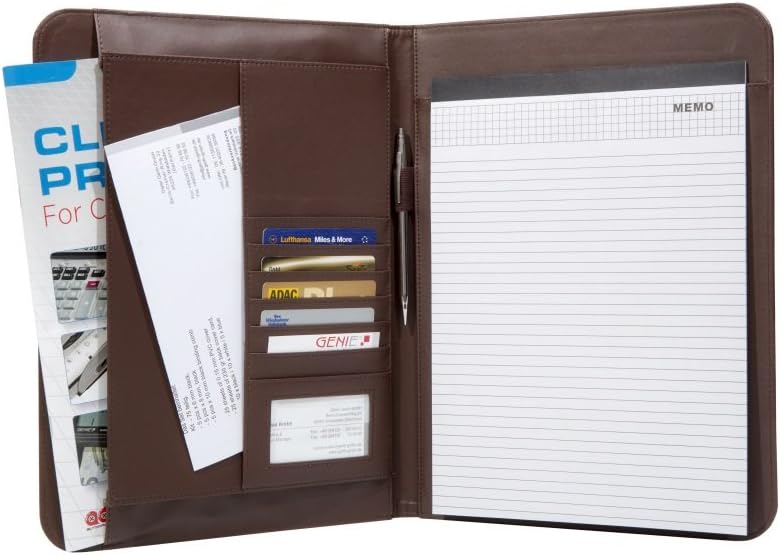 Genie A4 Elegant Writing Case Wiesbaden, Extra Thin and Durable, Leather-Effect Includes Desk Pad, Pen Holder, Pocket Card, Business Card Holder Brown