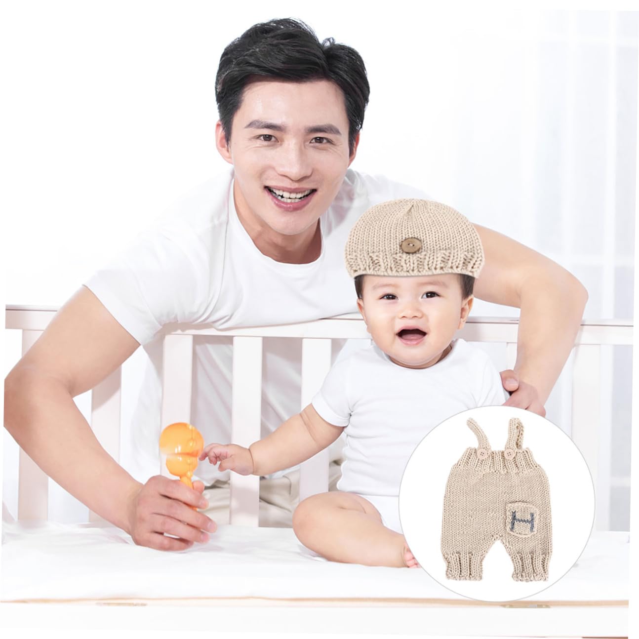 SHERCHPRY Accesorios De Fotografía De Bebé Disfraz De Recien Nacido Gorro Tejido Bebe Tirantes Traje De Sesión De Fotos De Tirantes Traje De Recién Nacido Para Niño Acrílico Beige
