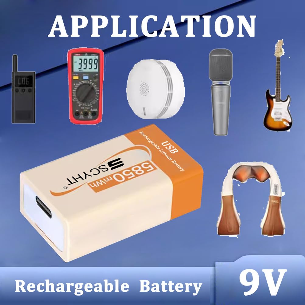Baterie litowe USB 9 V Bateria zamienna 9 V Bateria litowo-jonowa do czujników dymu i radioodbiorników przenośnych Baterie 5850 mAh z kablem typu C,9v5850mah 2pack