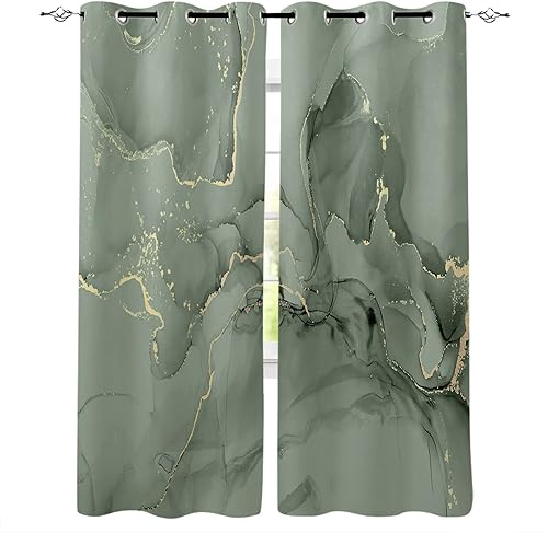 Miniatura 1 de Cortinas opacas para dormitorio, línea dorada, acuarela, verde salvia, degradado, con ojales, para tratamiento de ventana, aislamiento térmico,