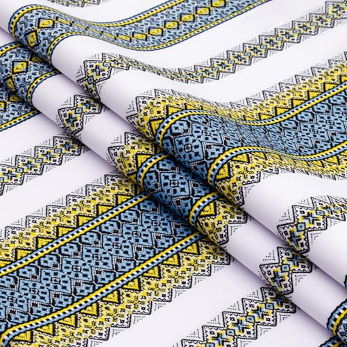 Decorative Fabric with Ukrainian Ornament for Making Tablecloth Easter plahta Ethnic White Blue Yellow 200x150 cm / 79