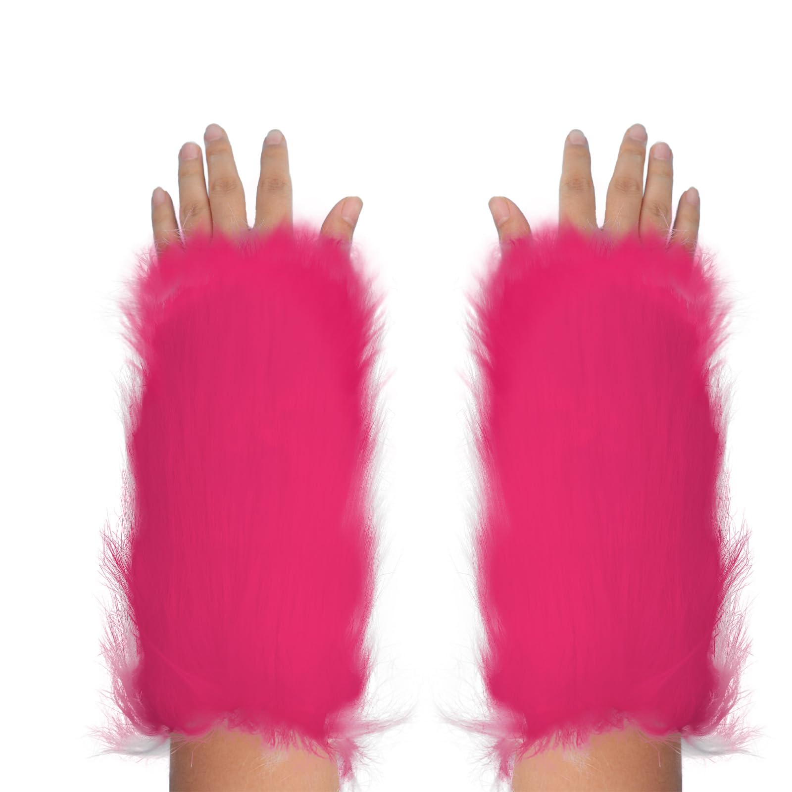 Fluffy Faux Fur Wrist Warmers Half-finger Winter Party Gloves for Women Plush Fingerless Gloves Touchscreen Gloves Typing Working Writing Driving Fluffy Evening Party Fancy Dress (Hot Pink - Image 3