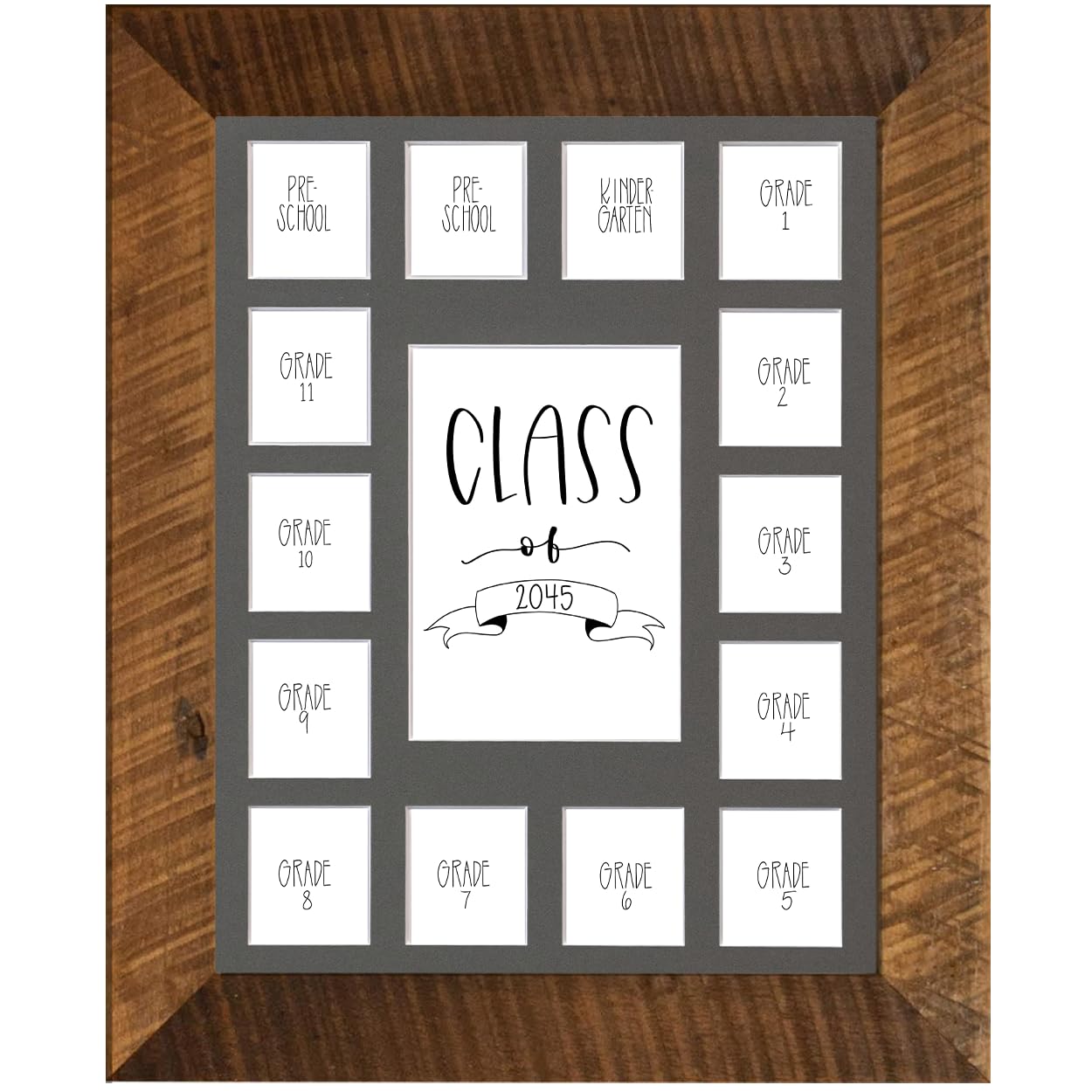 Rustic Red Door Co. School Years Reclaimed Wood Picture Frame with Mat - 11x14 Wooden Framed 15 Photo Collage Mat Pre-School &amp; Kindergarten to 12th Grade High School Graduation (Class of 2045, Gray)