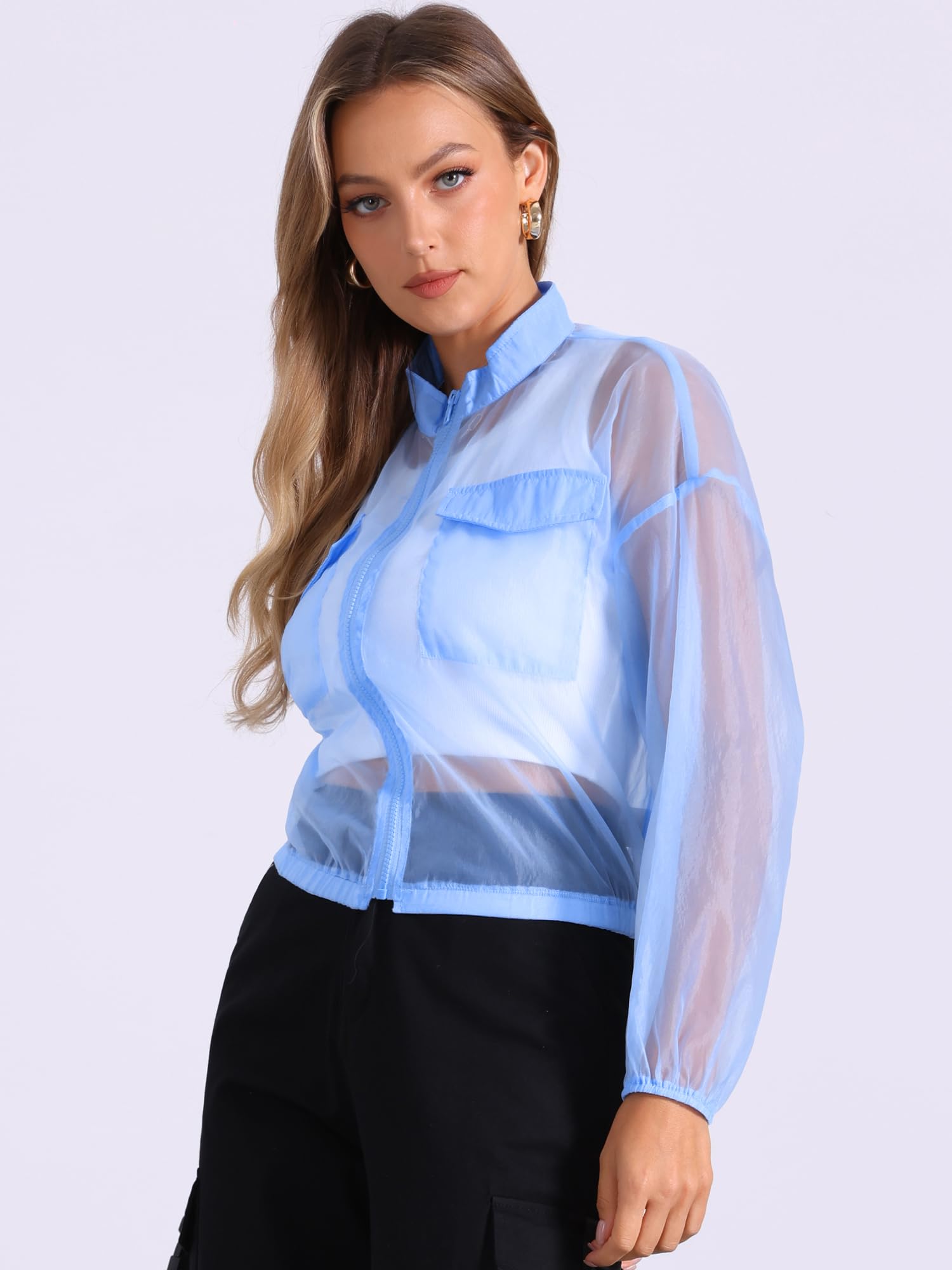 Allegra K Veste bomber transparente Femme Blouson à manches longues et fermeture éclair