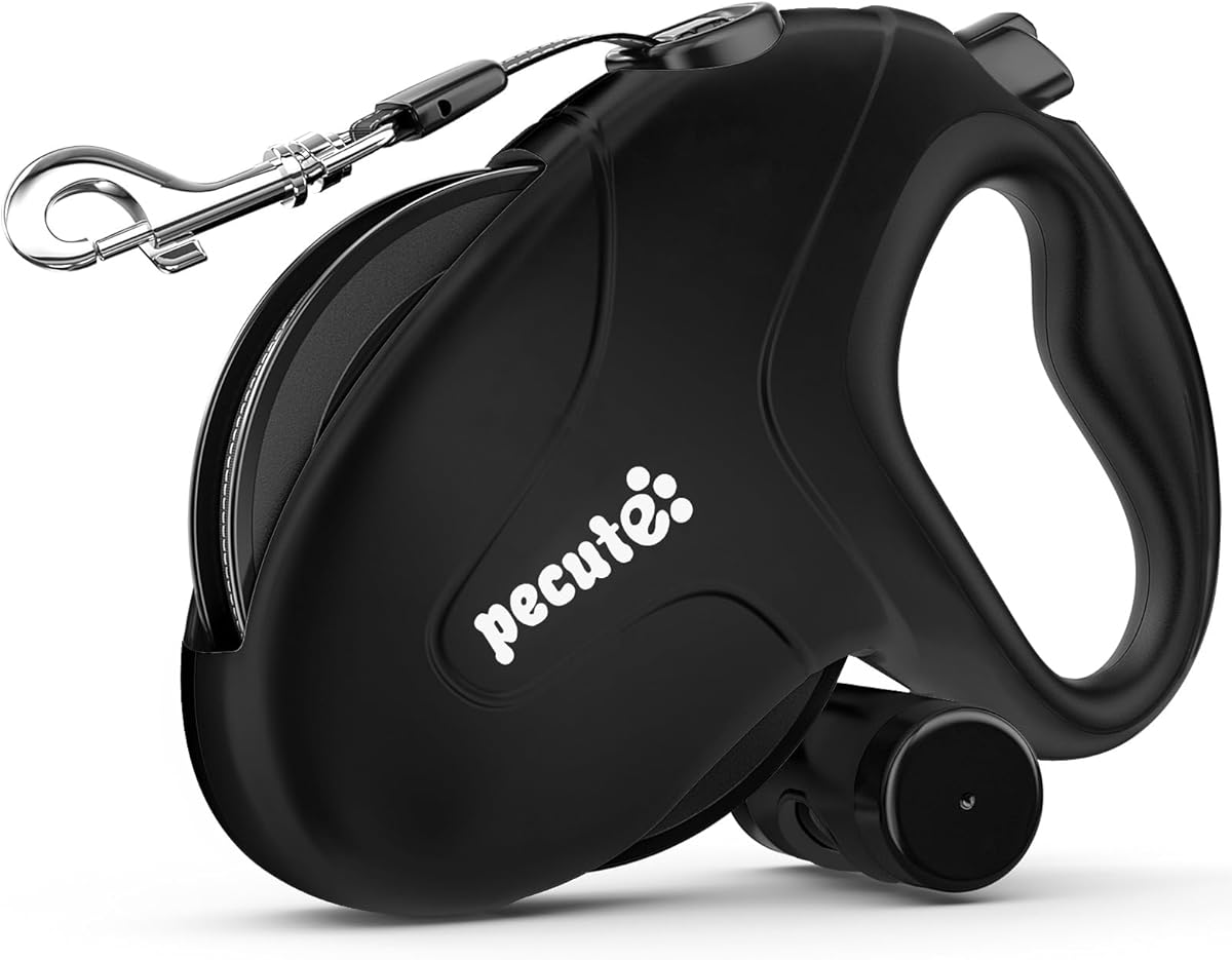 Pecute 32ft Retractable Dog Leash with Reflective Strips, 360° Tangle-Free, One-Button Control & Sturdiness Nylon Material, Long Leash Retractable with Poop Bag Holder for Medium Large Dog