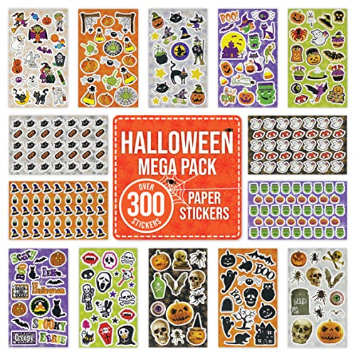 Halloween Stickers OVER 300 for Children Kids Party Bag Fillers - Self Adhesive Spooky Craft Scrapbook Decorations for Halloween Party - Witch Ghost Vampire Spider Frankenstein Pumpkin Skull Bat
