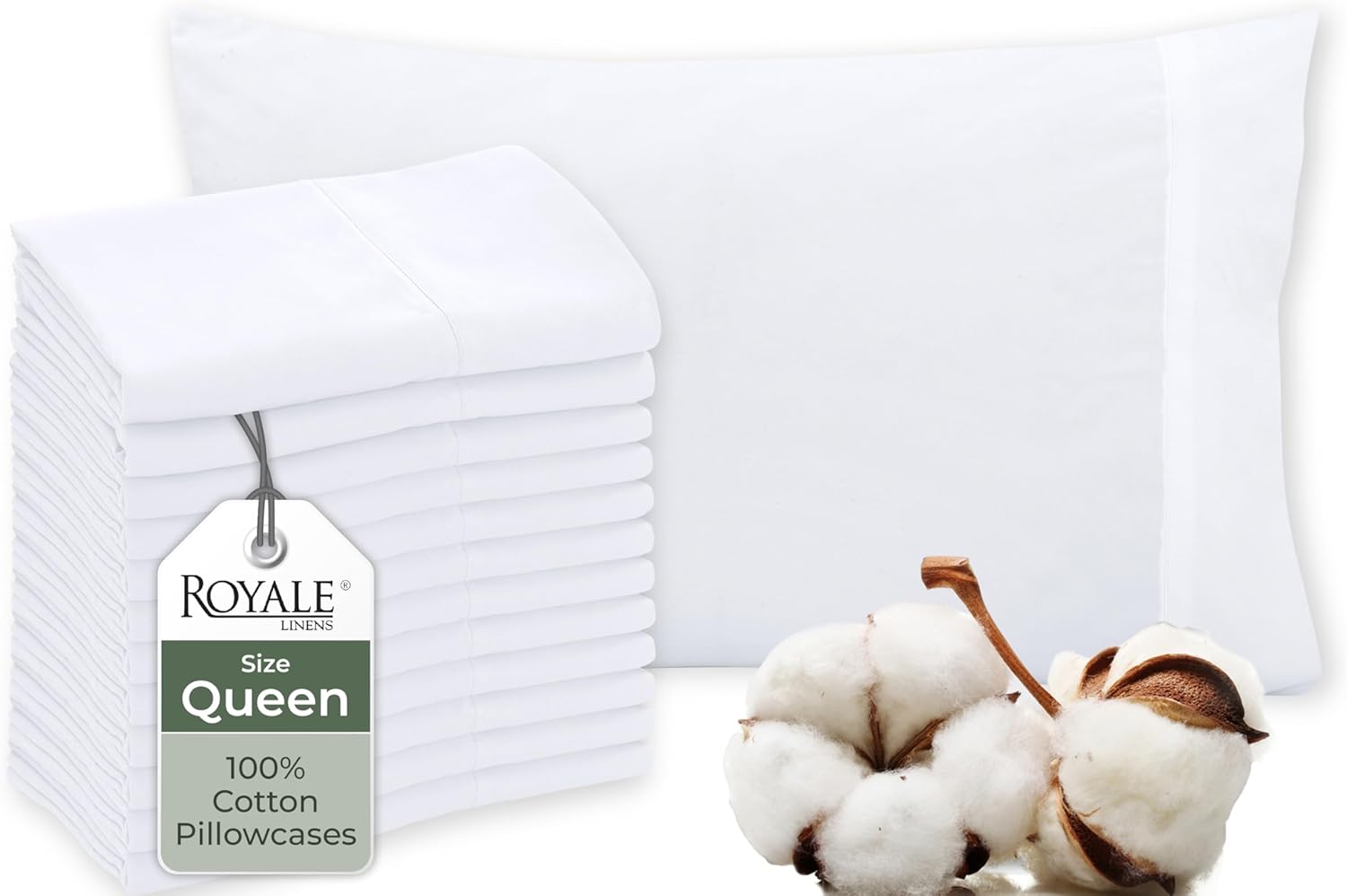 Royale Linens White Cotton Pillow Cases Queen Size Set of 12 - Bed Pillow Covers - 100% Cotton Pillowcases - Soft & Cooling - Envelope Closure - Hotel Quality Bulk Pillowcases 20" x 30"