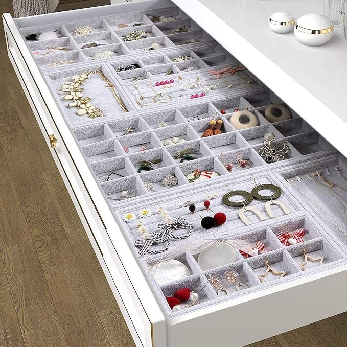 Image of Velvet Jewellry Drawer Organizer Stackable Tray (Grey, Ring Tray)
