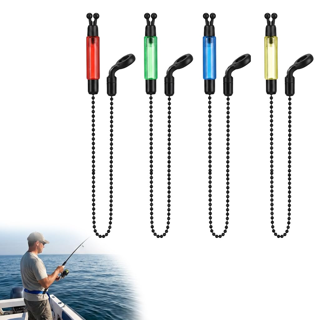 Light Fishing Bobbins Set for Carp Fishing, Bite Alarm Bobbins with Chain and LED Tube for Bite Alarms Accessories Kit with 4 Colours Red Yellow Blue Green