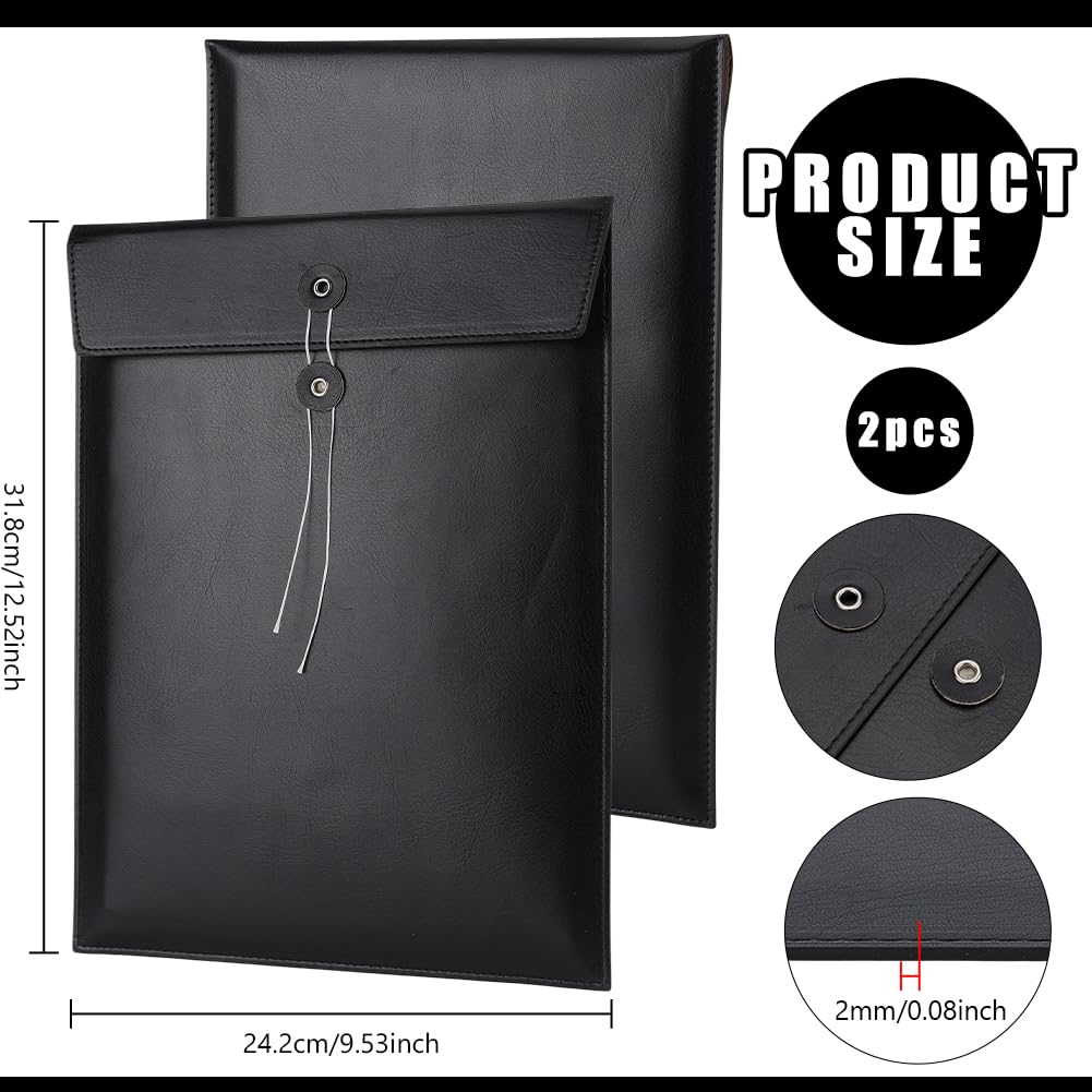 BENECREAT 2 Pcs PU Leather File Folers, Vertical A4 File Envelope Filing Folder, Waterproof Leather File Storage Pockets with String Tie Closure(Black) - Image 2