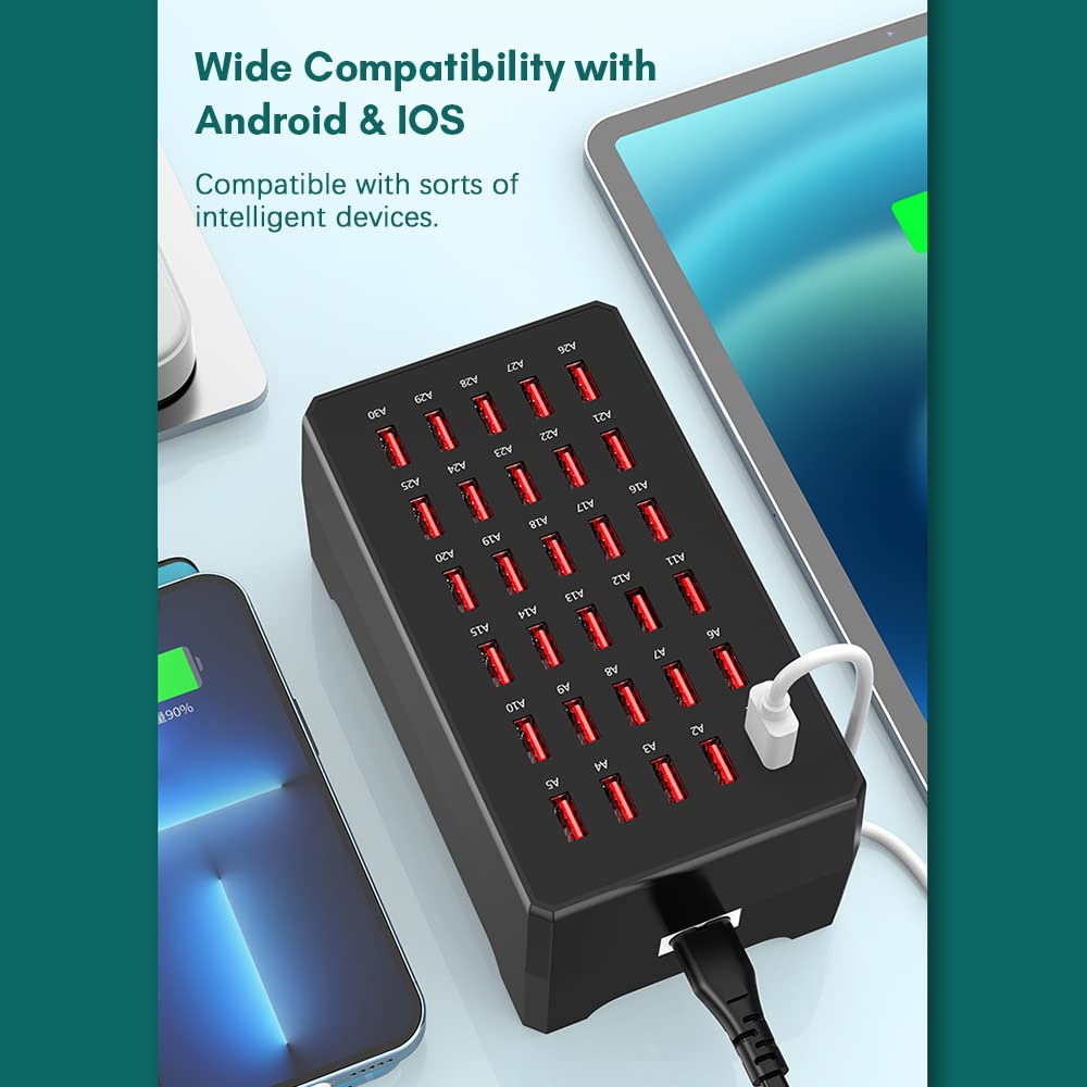 Docooler USB-Ladestation, 30 Ports USB-Buchse Tischladegerät, 150W Tischladegerät Compatible with den Einsatz in der Familie und im Büro