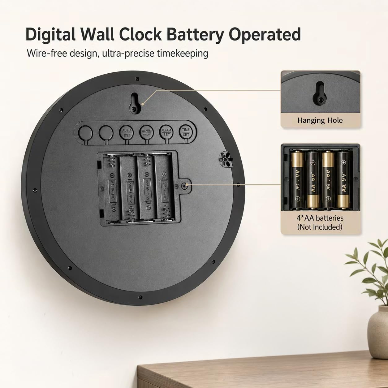 Runden Digitale Wanduhr 20cm, Groß Uhr mit Temperaturanzeige, Datum, Sommerzeit, Kalender, 12/24h, Wecker mit Werktags/Wochenend-Modus für Schlafzimmer Wohnzimmer