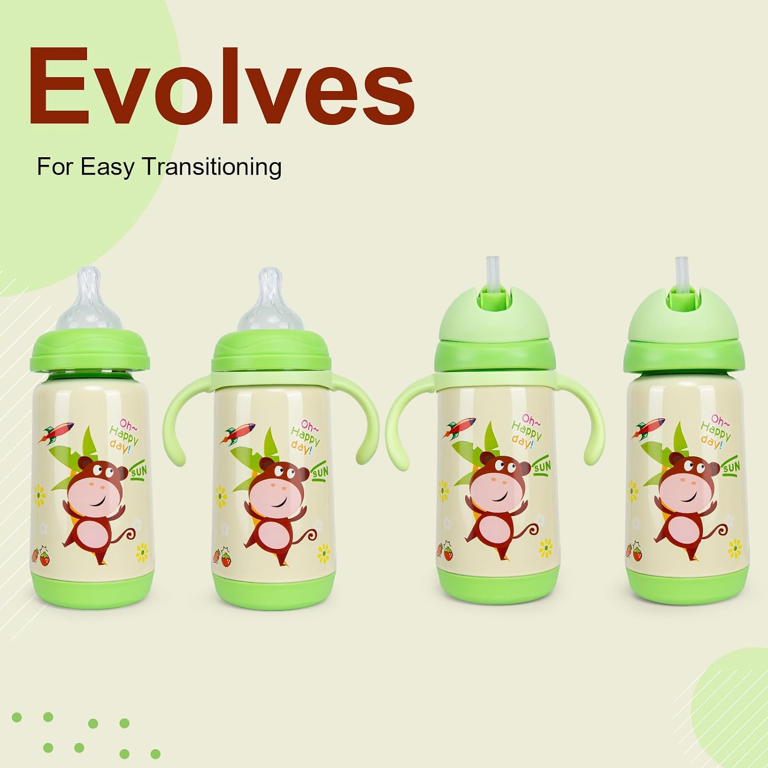 Stainless Steel Insulated Baby Bottle 10oz – Medium-Flow Nipple & Straw Lid with Removable Handles, Thermal Water Bottle for Toddler BPA and Phthalates-Free (Monkey)