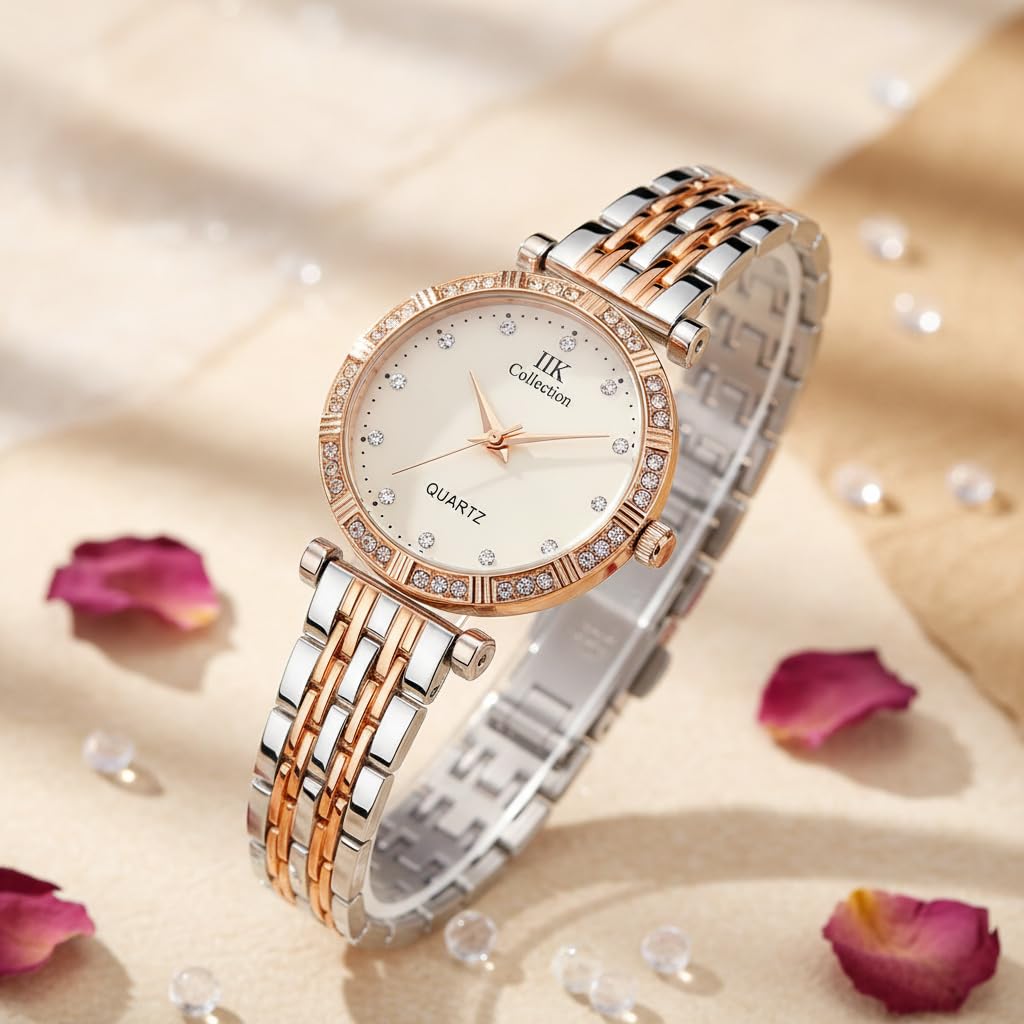IIK COLLECTION Watches for Women Round Studded Dial |Analogue Quartz Movemnet Ladies Watch|Long Battery Life|Stainless Steel Adjustable Bracelet Chain Strap|Double Lock Clasp Safety Watches for Girls