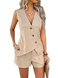 Womens 2 Piece Outfits Summer Sleeveless Blazers Button Linen Vest Shorts Set Casual Matching Sets