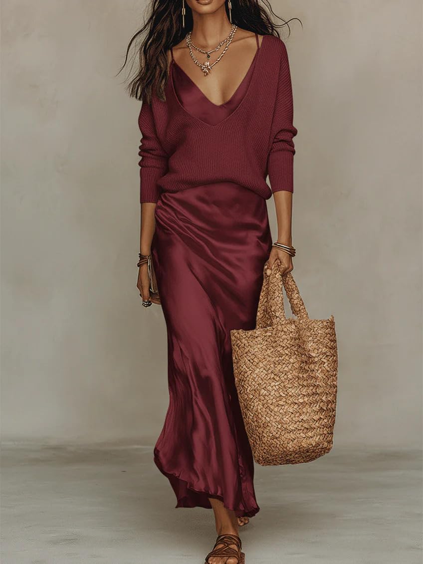 MEIION Damen Slipkleid & Strickset – Satin Kleid mit Strickpullover