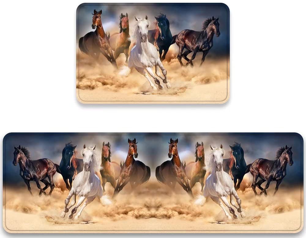 Animal Running Horse Kitchen Rug Set 2 Pieces Horses Herd Run in Desert Sand Storm Against Dramatic Sky Floor Mats Washable Doormat Anti Fatigue