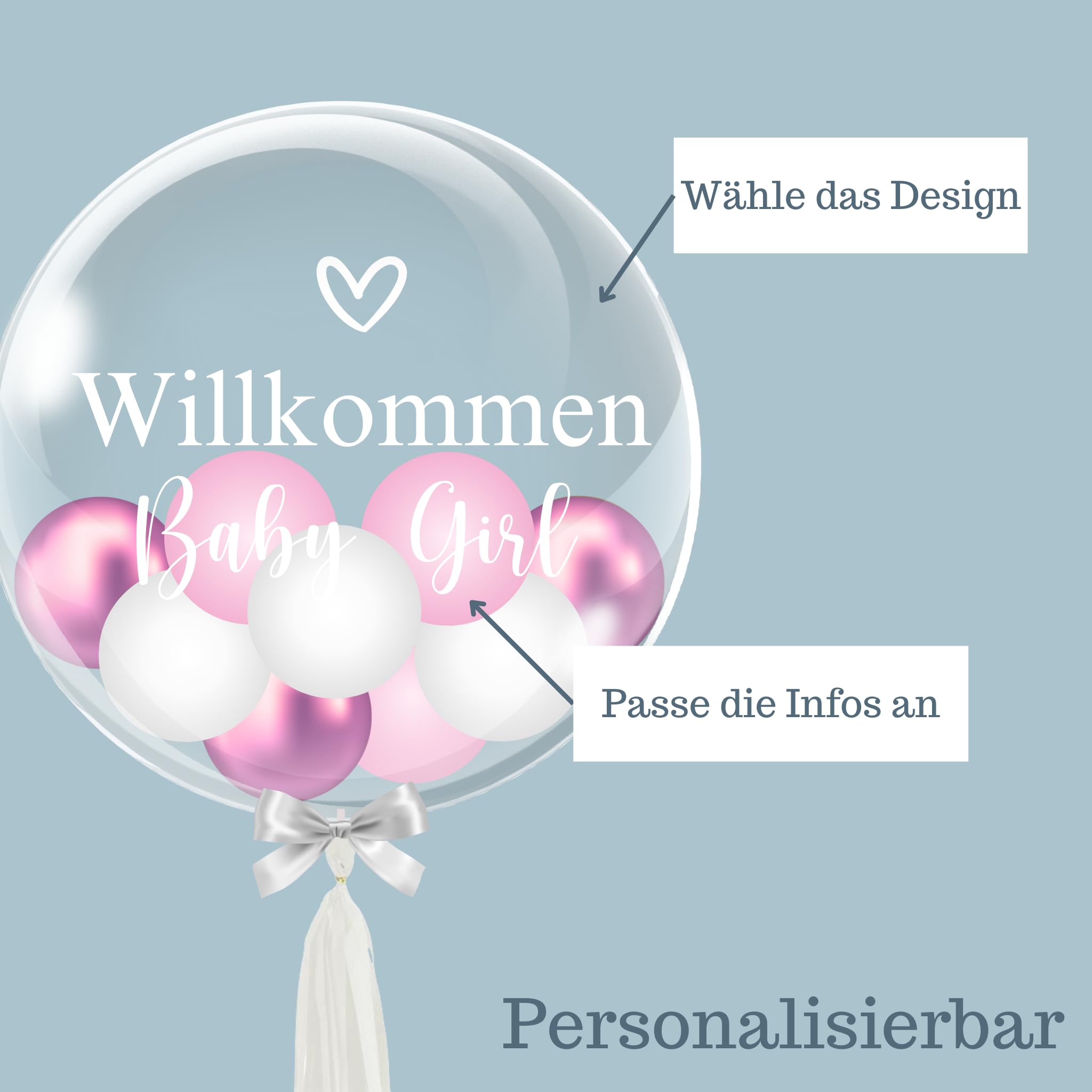 Personalisiertes Ballongeschenk: Durchsichtiger Heliumballon mit Bunten Ballons, Geschenk zu Geburt, Geschenkidee für Eltern
