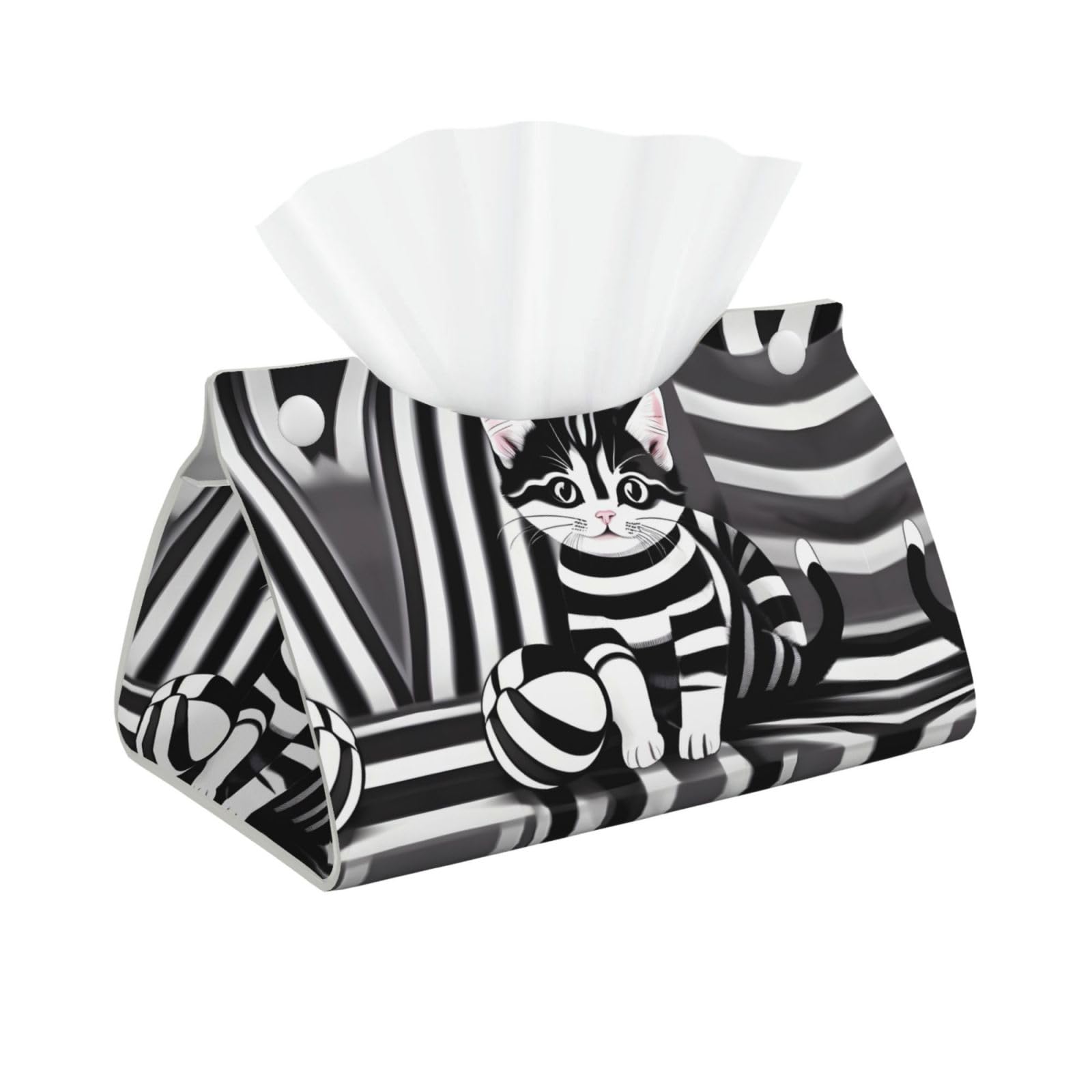 Black and White Striped Kitten Print Long Tissue Box Cover Holder Foldable Leather Organizer for Vanity, Nightstand, Desk & Bathroom