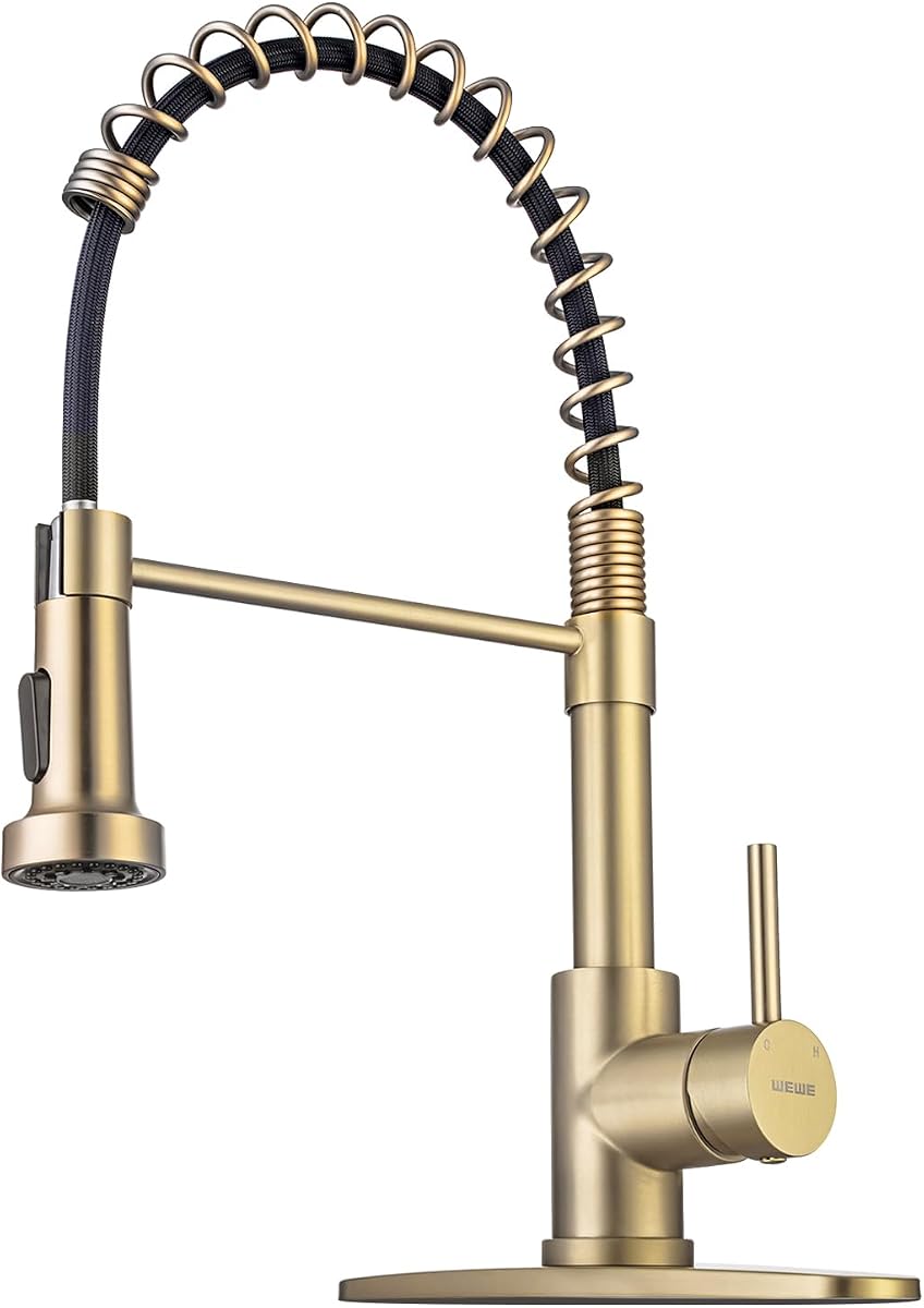 WEWE Pull-Down Kitchen Faucet, 2-Mode Sprayer, Gold, High Arc | 17-Inch Height, 360 Swivel, Deck Plate, SUS304, Fits 1- or 3-Hole Sinks, Ceramic Cartridge, Easy-Clean Nozzles