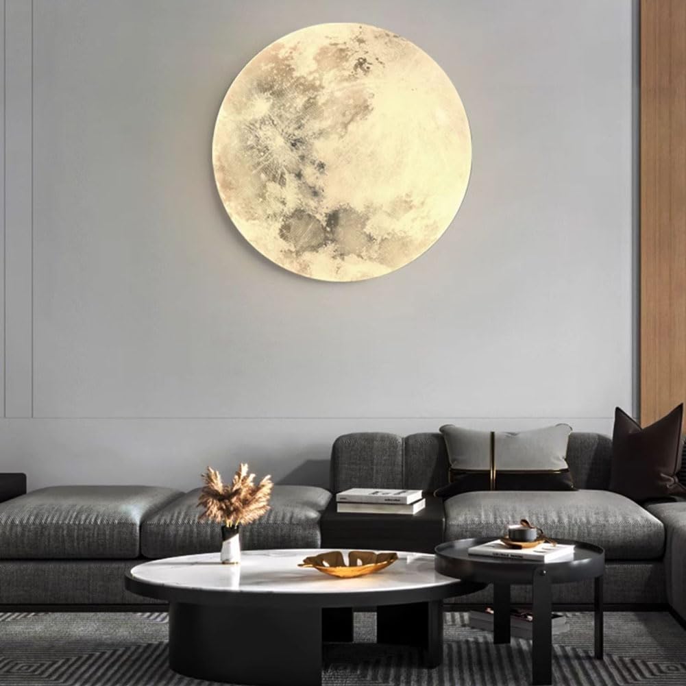 LED Mond Wandleuchte Innen Dimmbar mit Fernbedienung 48W Nachttischlampe Runde Deko Wandlampe Mond Modern Design Nacht Licht Hintergrund Wandbeleuchtung für Schlafzimmer, Wohnzimmer,A,48CM