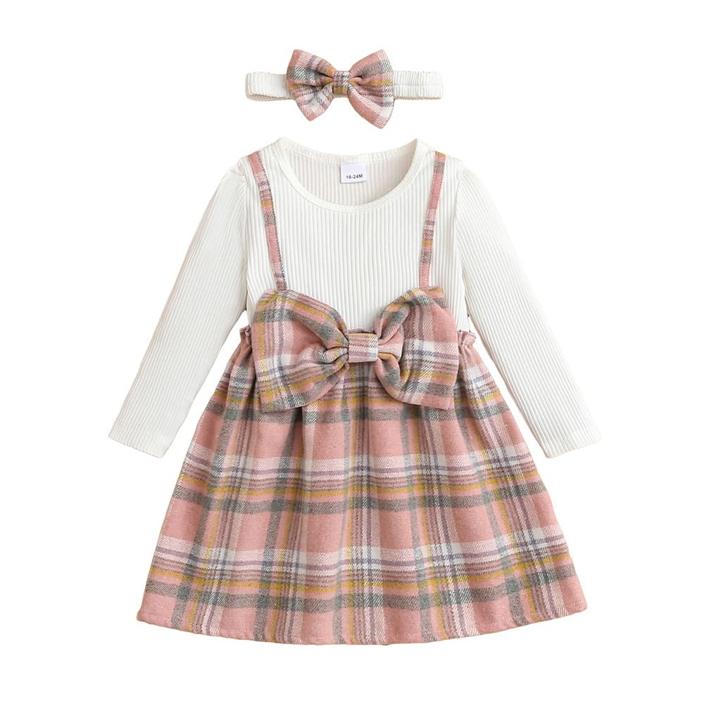 Hopscotch Girls Check Print Full-Sleeve Casual Dress with Headband In White Color for Ages 9-12 Months 2