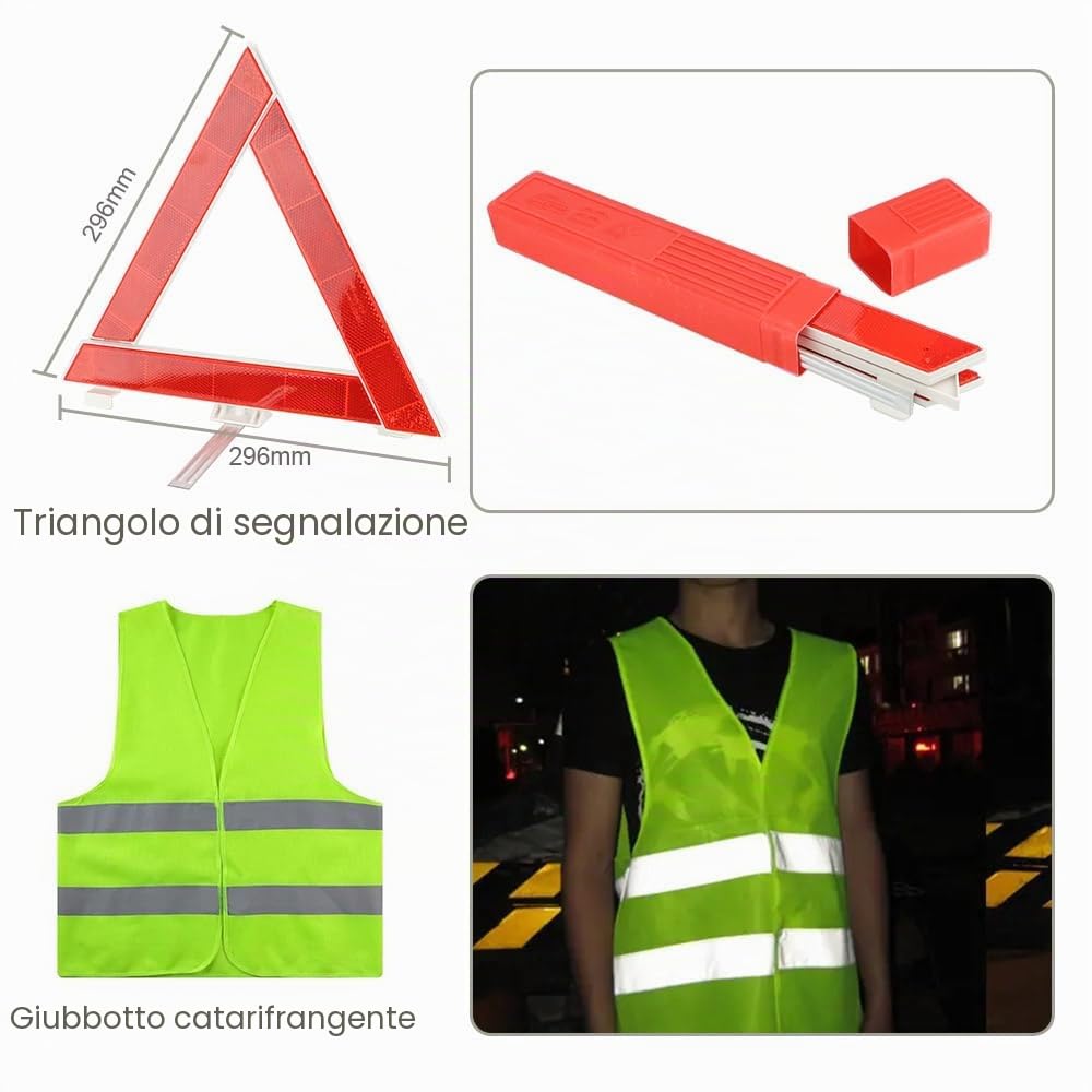 Set di attrezzi di emergenza per auto, 13 in 1, set di attrezzi di sicurezza per i viaggi, con cavi di collegamento, triangolo, giubbotto di avvertimento, corda da traino, martello di sicurezza auto
