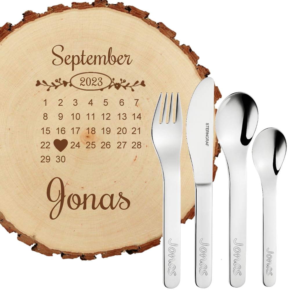 Kinder-Set 5tlg, Baumscheibe 23cm mit Gravur (Name/Datum) + personalisiertes Kinderbesteck, Geschenk-Idee zur Geburt Taufe Geburtstag, Motiv H8 Kalender