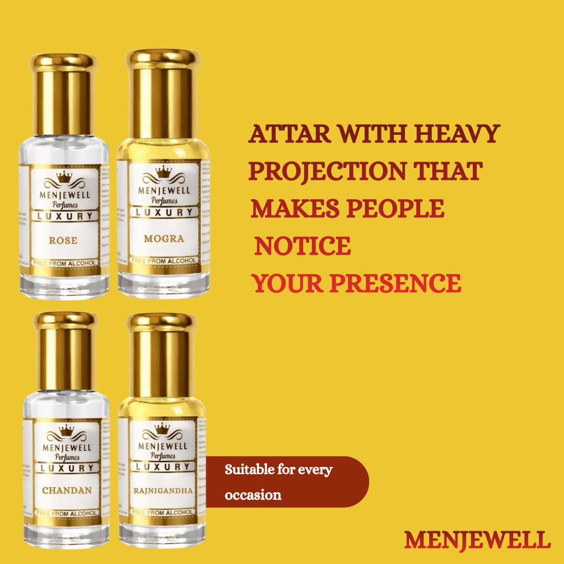 Menjewell Rose Fresh, Chandan-E-Khaas, Royal Mogra & Rajnigandha Perfume Floral Attar, 6 Ml (Pack Of 4) 1