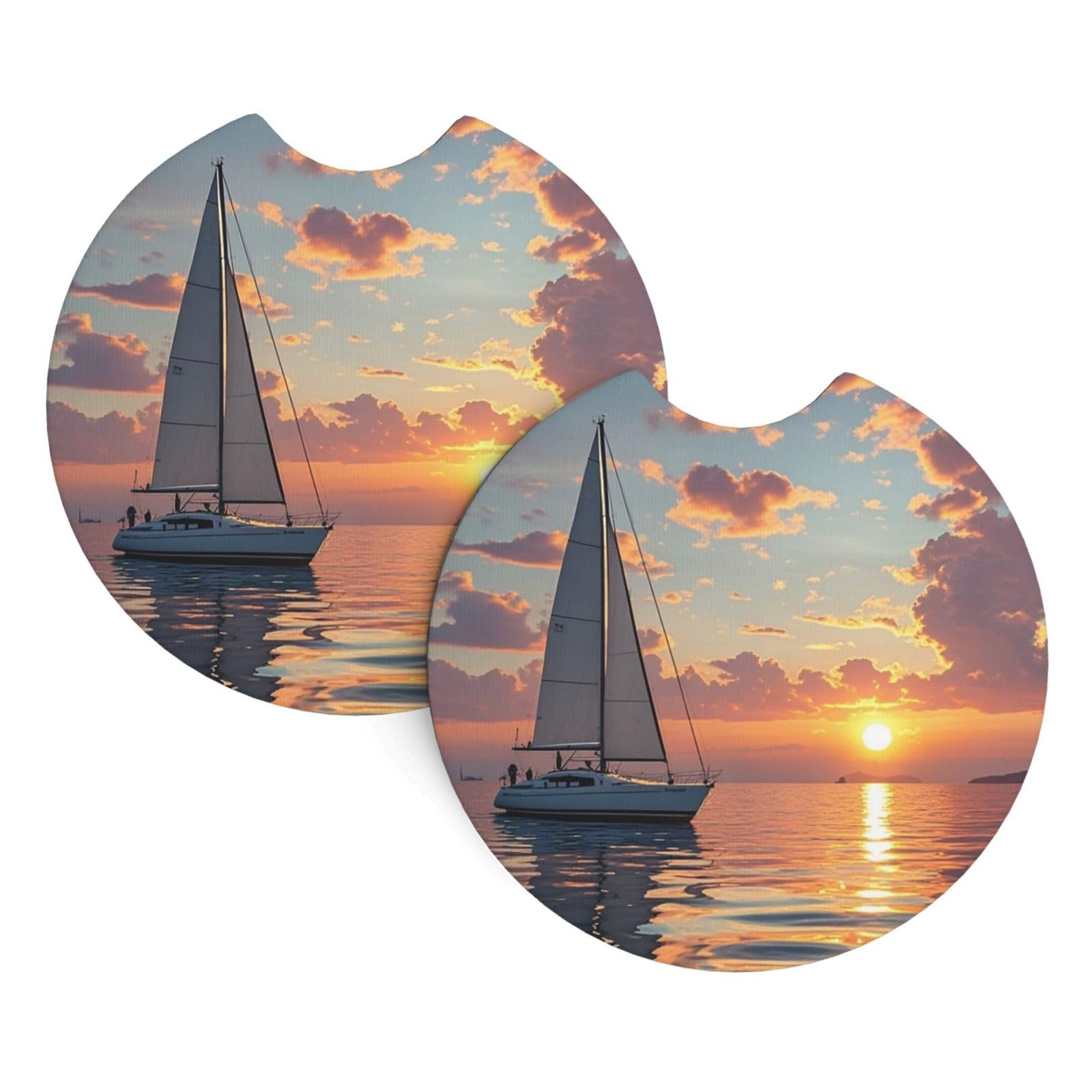 2 Pack Car Coaster for Cup Holders Sailboat and Sunset Car Cup Coaster 2.7" Neoprene Non-Slip Automotive Cup Mat Universal Auto Car Interior Accessories for Women Men Cup Pad