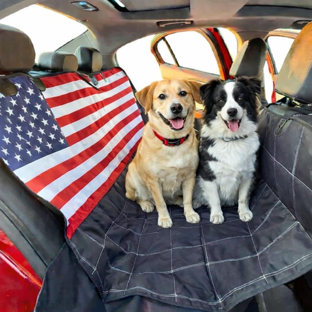 Dog Backseat Cover with Hammock for Cars, SUVs, and Trucks I Waterproof, Nonslip Seat Protector & Cover I Nylon Clips, K9 Shield USA Flag