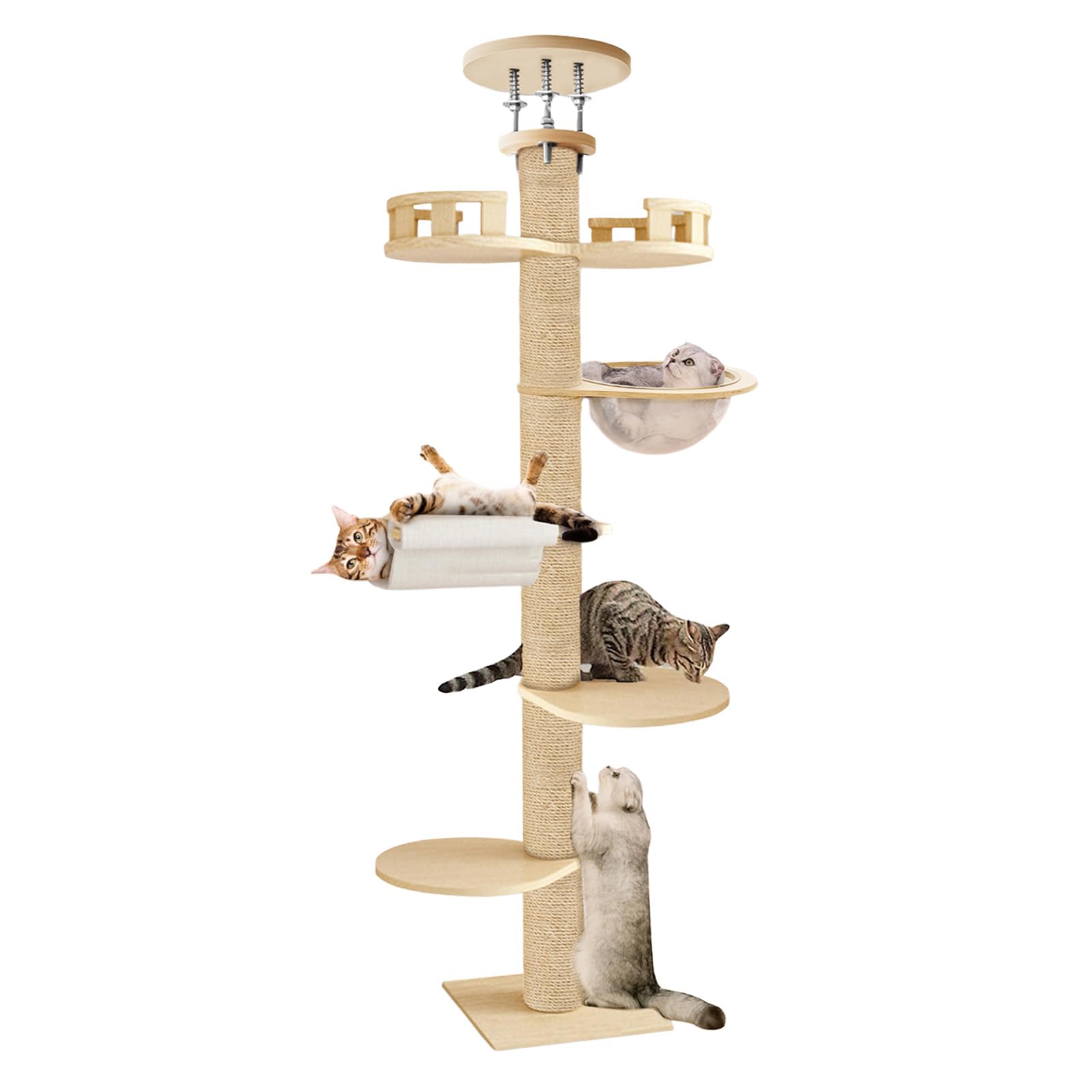 Arbre a Chat Plafond du Sol au Plafond, Arbre à Chat XXL de Hauteur Réglable de 2,95 à 3,1 m, Griffoir pour Chats avec Tour à 6 Niveaux avec 7 Poteaux à Griffer en Sisal (Jaune)