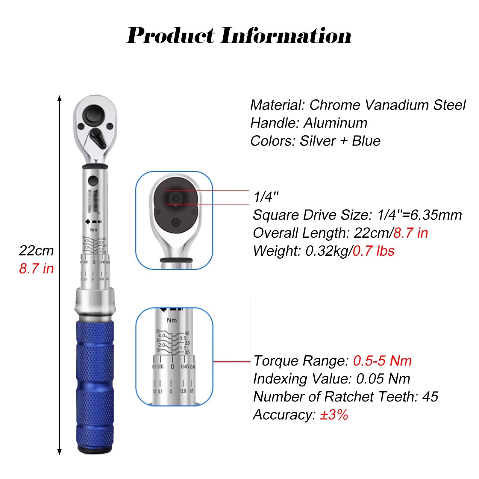 Chiave dinamometrica Chiave dinamometrica regolabile Precisione ±3%, chiave a ingranaggi da 1/4" con impugnatura ergonomica antiscivolo, set di chiavi dinamometriche per progetti meccanici/ingegneria